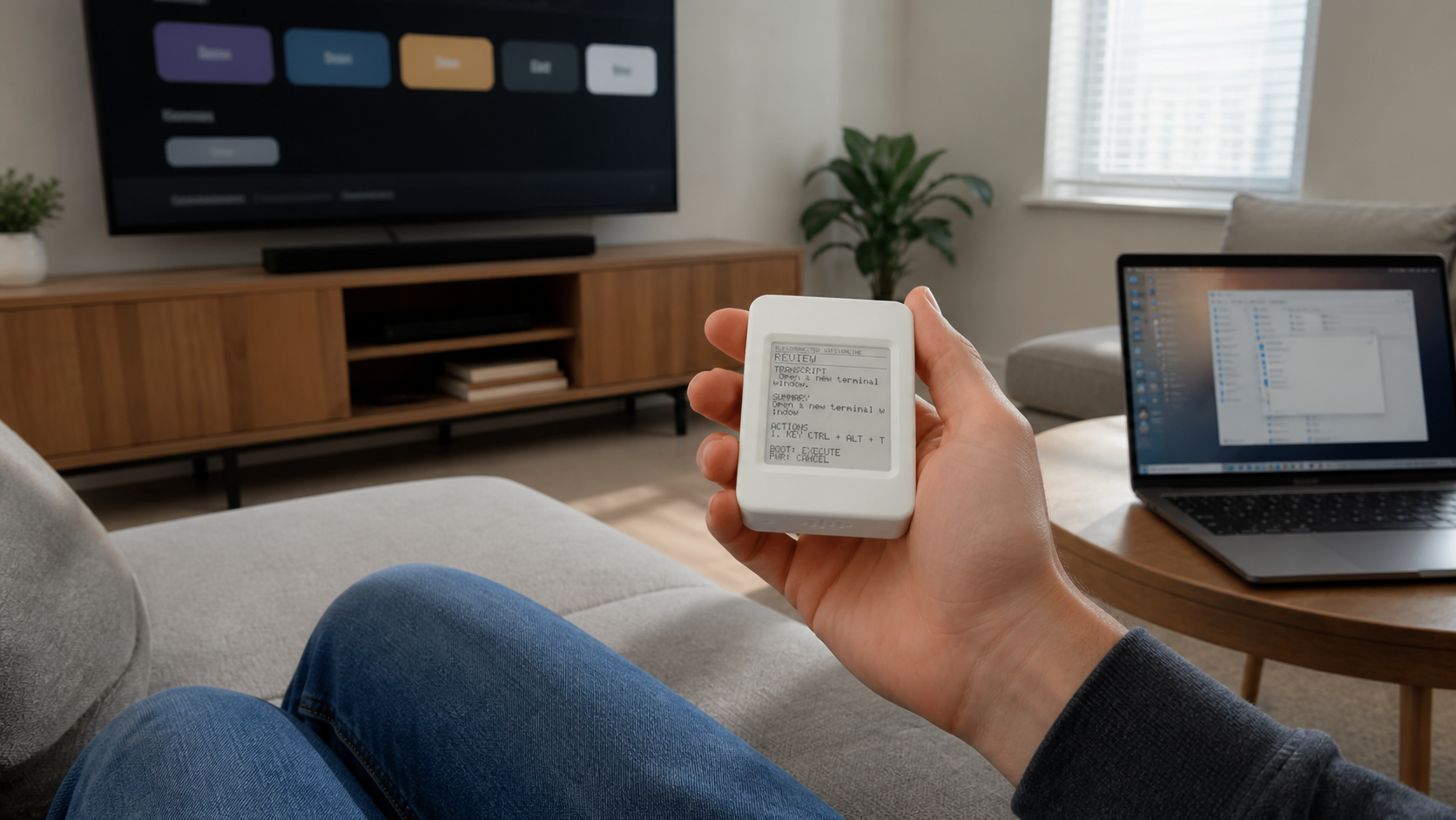 A person holding Intent Computer Mini while a television and laptop respond